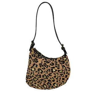 FENDI Vintage Beads Oyster Bag Pochette Leopard Sequins Beige Black Rank AB+