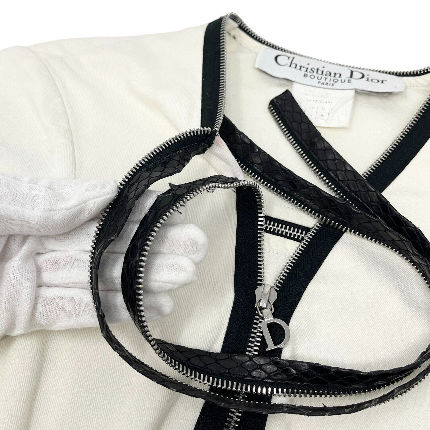 Christian Dior Vintage Logo Jacket #38 White Black Cotton Zip Leather Rank AB