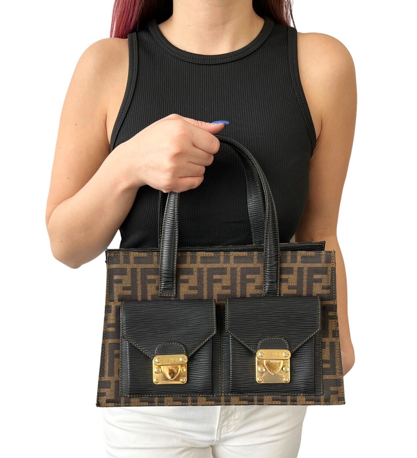 FENDI Vintage Zucca Tote Bag Shoulder Bag Brown Gold Zip Canvas Leather Rank AB