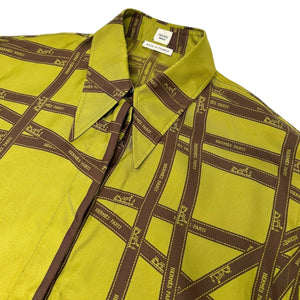 HERMES Vintage Logo Long Sleeve Shirts #40 Bolduc Green Brown Silk Button RankAB