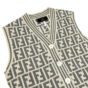 FENDI Vintage Zucca Monogram Knit Vest Top #38 Button Cream Gray Cotton Rank AB