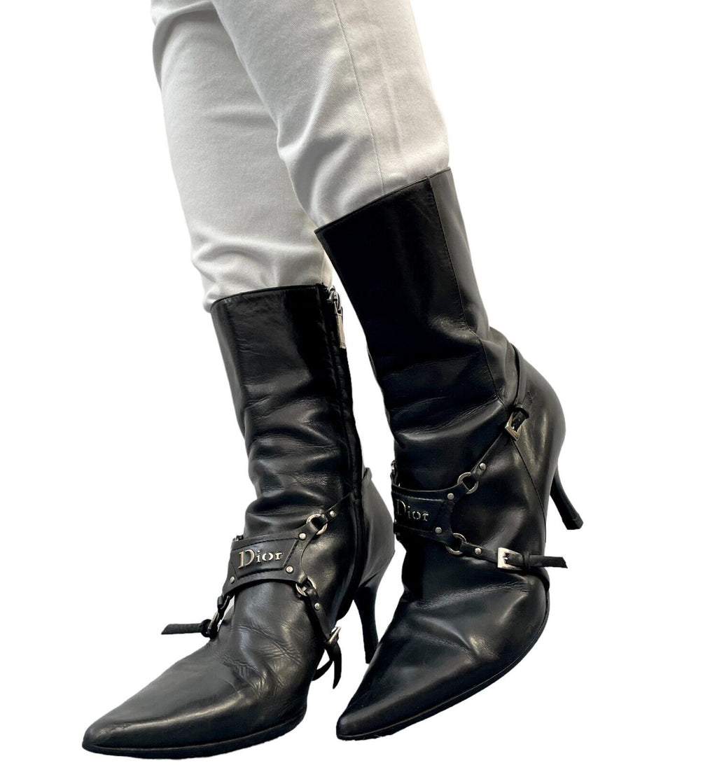 Dior Vintage Trotter Monogram Boots #37 US 7 Heels Black Silver Canvas Rank  AB