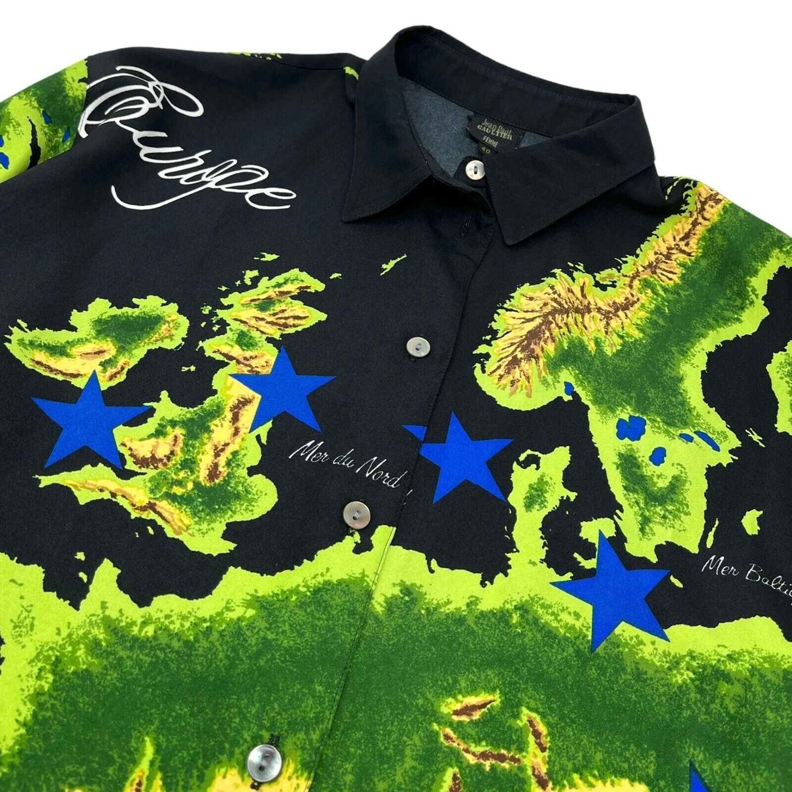 Jean Paul GAULTIER Vintage Shirt #40 Blouse Star Map Black Green Polyester RankA