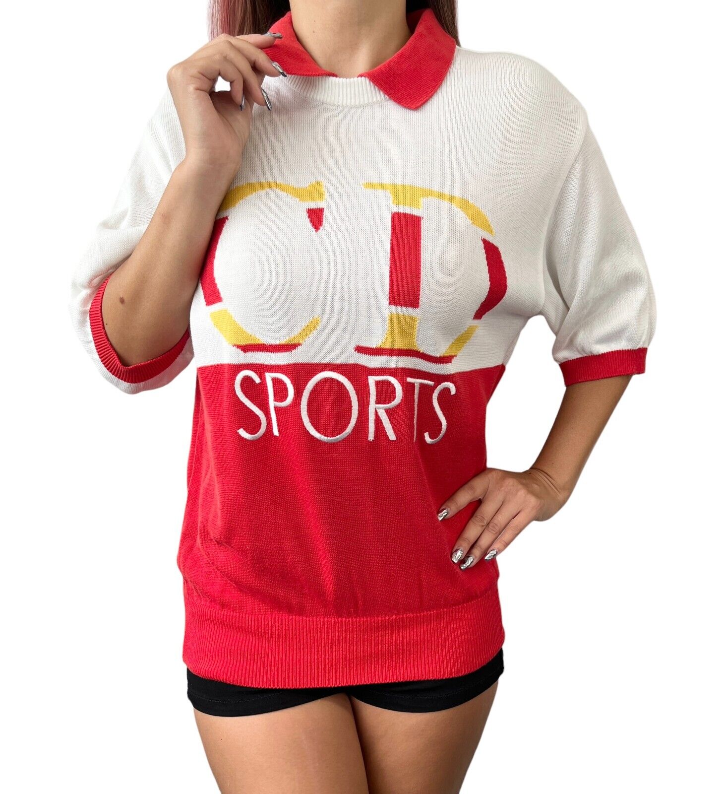 Christian Dior Sport Vintage Big Logo Polo Sweater #M White Red Cotton RankAB