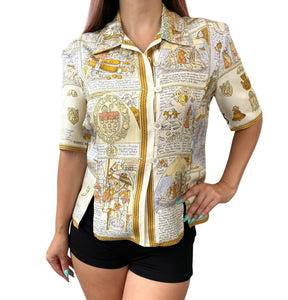 HERMES Vintage Mont Saint Michel Button Shirt #38 Logo Cream Beige Silk Rank AB+