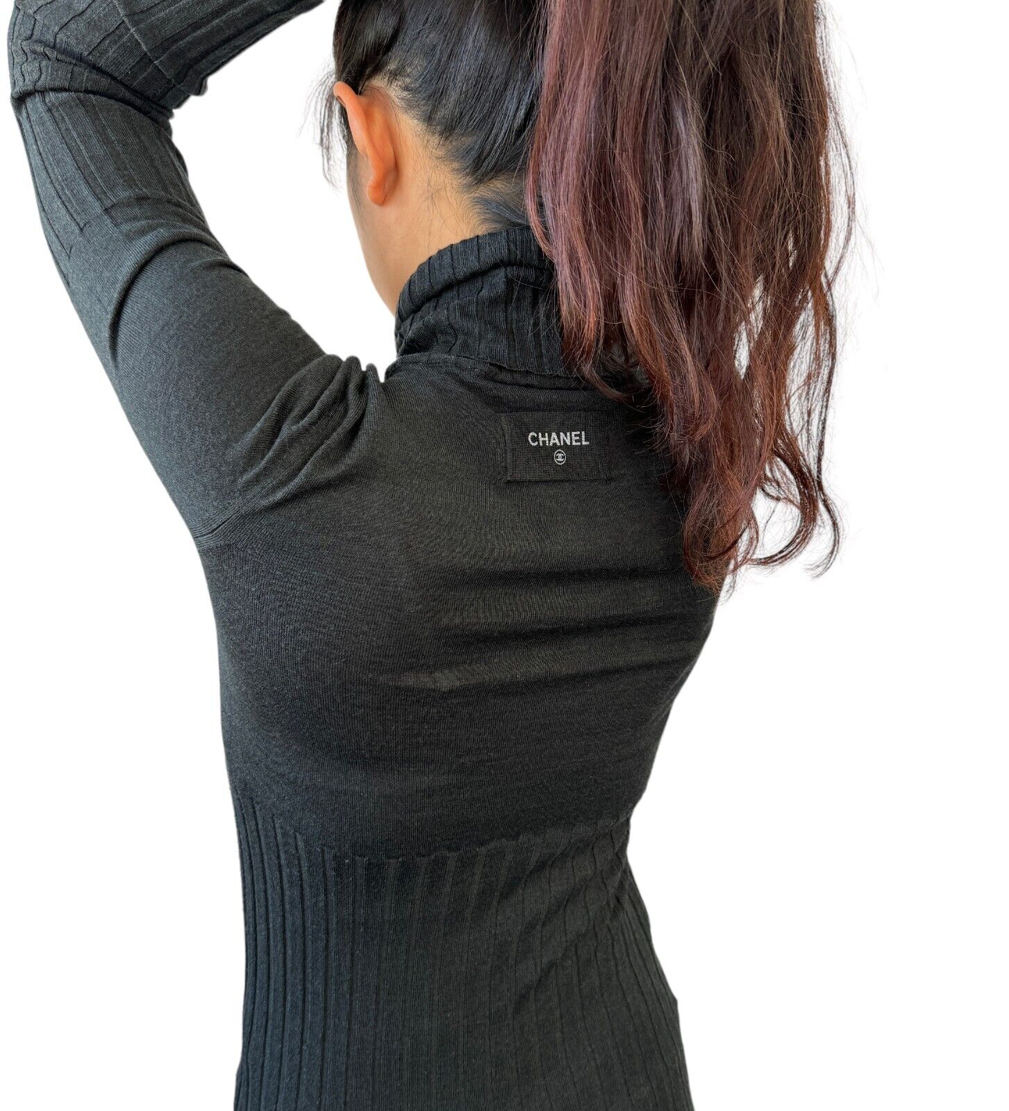 CHANEL Vintage P39371 Back Logo Rib Sweater Top #36 Turtleneck Dark Gray RankAB+