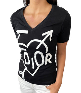 Christian Dior Vintage Big Logo T-shirts #38 Top Heart Black White Cotton RankAB