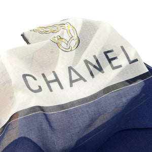 CHANEL Vintage Big Logo Scarf Shawl Wrap Paleo Cream Blue Cotton Rank AB