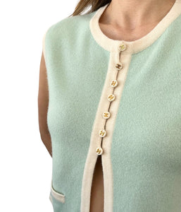 CHANEL Vintage 96C CC Mark Button Knit Vest #40 Sweater Mint Cashmere Rank AB+