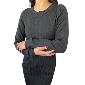 CHANEL Vintage P39367 CC Mark Back Logo Knit Dress #42 Dark Gray Wool RankAB