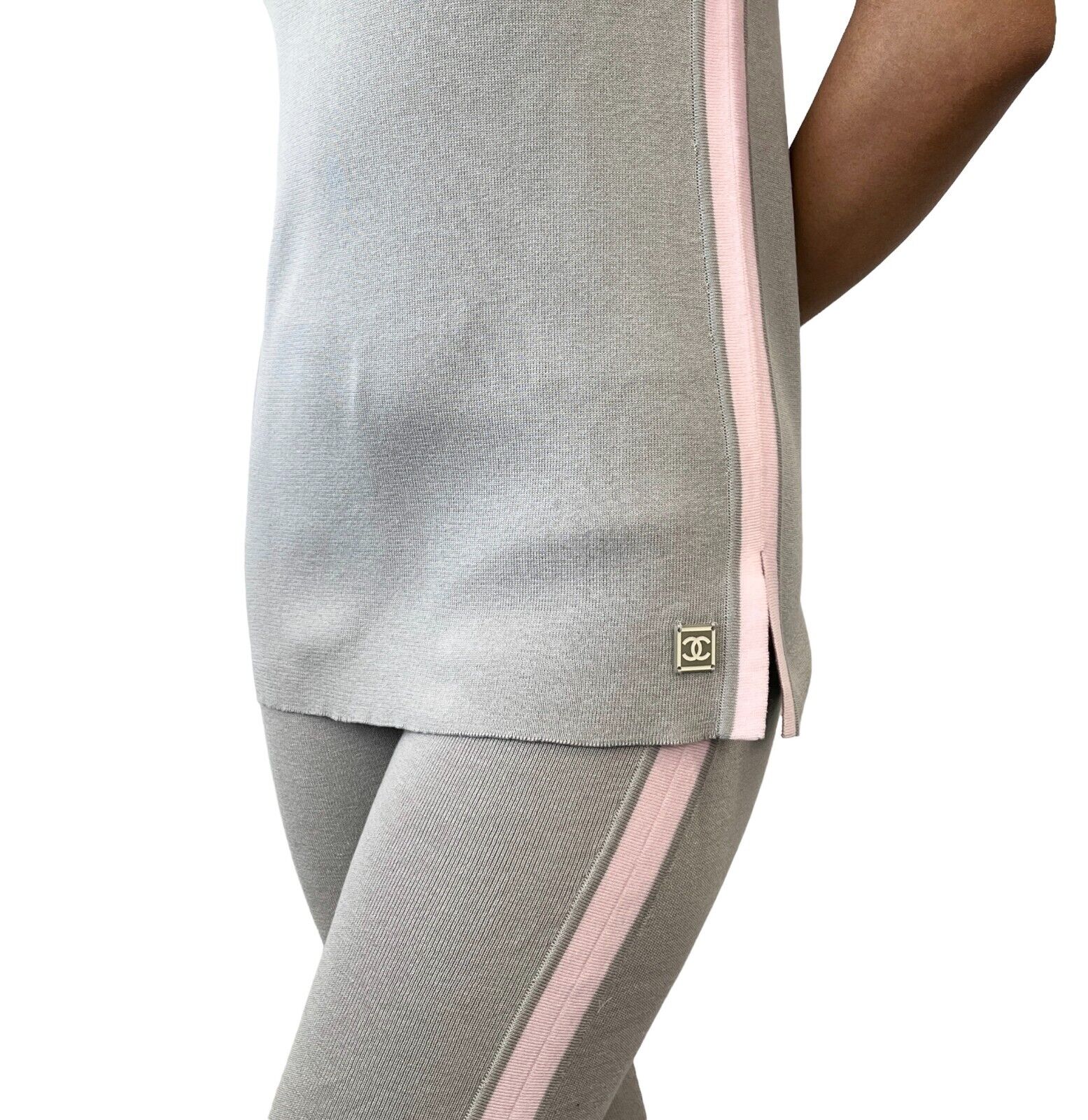 CHANEL Vintage 03P CC Mark Logo Knit Top Pants Set #38 Gray Pink Cotton Rank AB