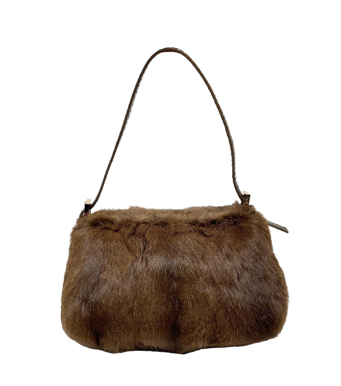 FENDI Vintage Mamma Baguette Shoulder Bag Fur Brown Gold Leather Rank AB+