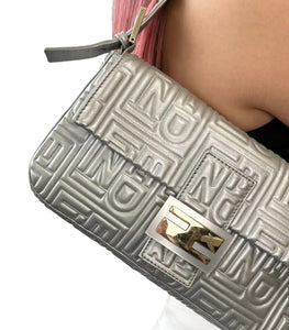 FENDI Vintage FF Logo Mamma Baguette Handbag Silver Leather Rank AB+