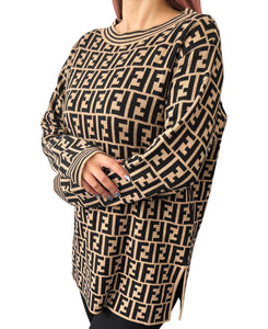 FENDI Vintage Zucca Monogram Sweater Top #42 Pullover Beige Black Wool Rank AB+