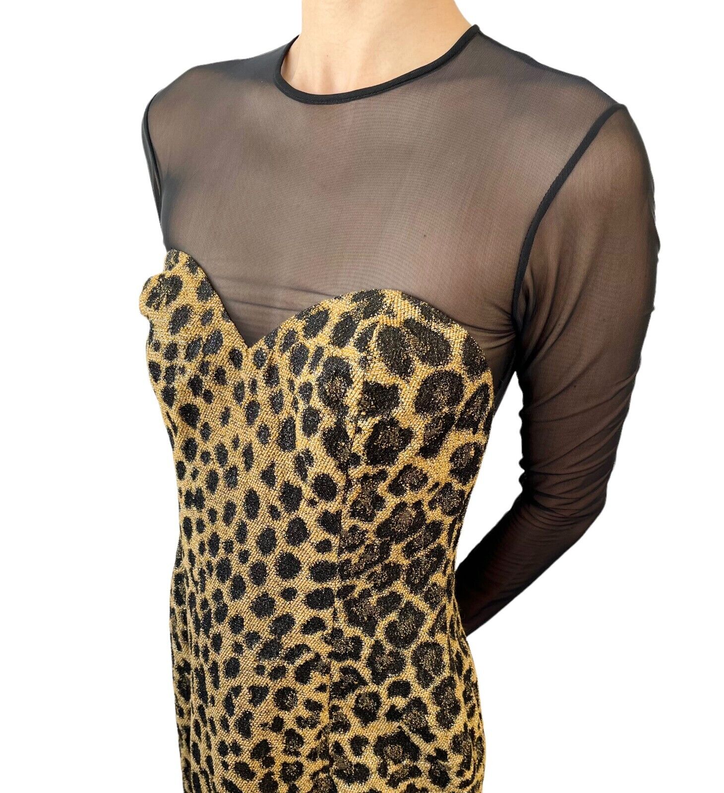Christian Dior Vintage Leopard Dress #38 See-through Glitter Gold Black RankAB+
