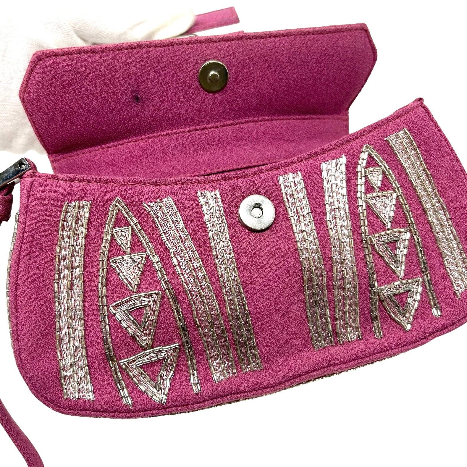 Christian Dior Vintage Beads Logo Pochette Wristlet Mini Clutch Bag Pink RankAB