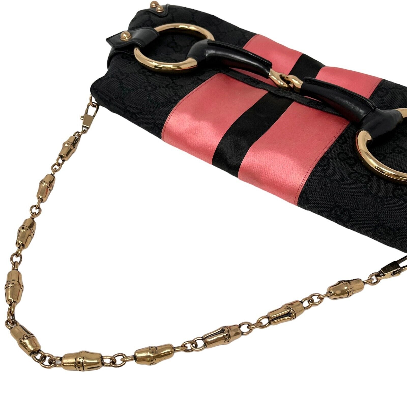 GUCCI Vintage GG Monogram Horsebit Chain Shoulder Bag Black Pink Canvas Rank AB