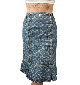 LOUIS VUITTON Vintage LV Monogram Denim Skirt #36 Blue Cotton Lace Up Rank AB
