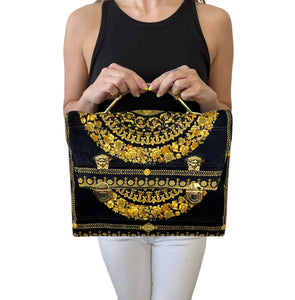 GIANNI VERSACE Vintage Medusa Logo Top Handle Bag Black Gold Velour Rank AB