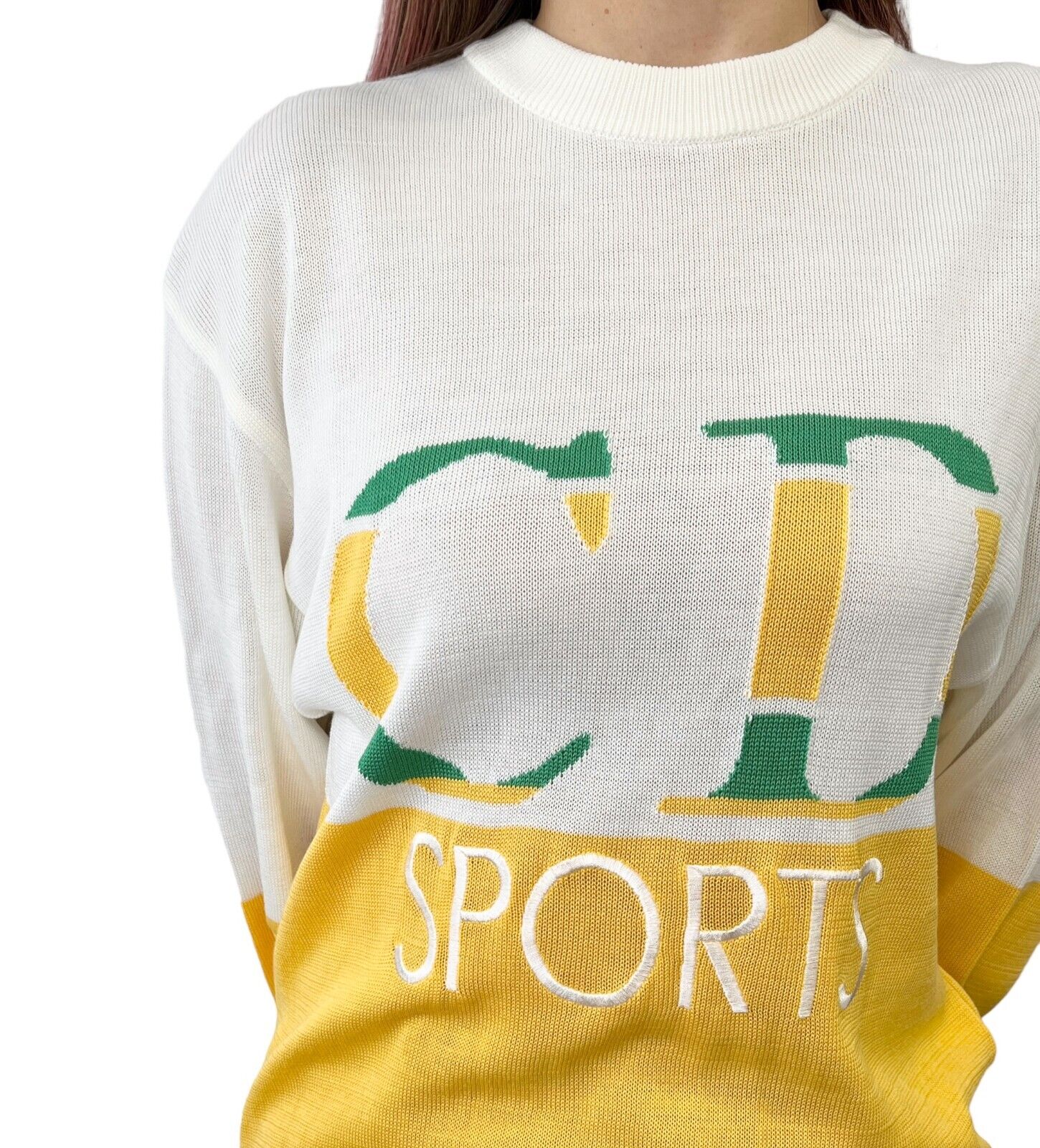 Christian Dior Sport Vintage Big Logo Sweater #L Top White Yellow Cotton RankAB