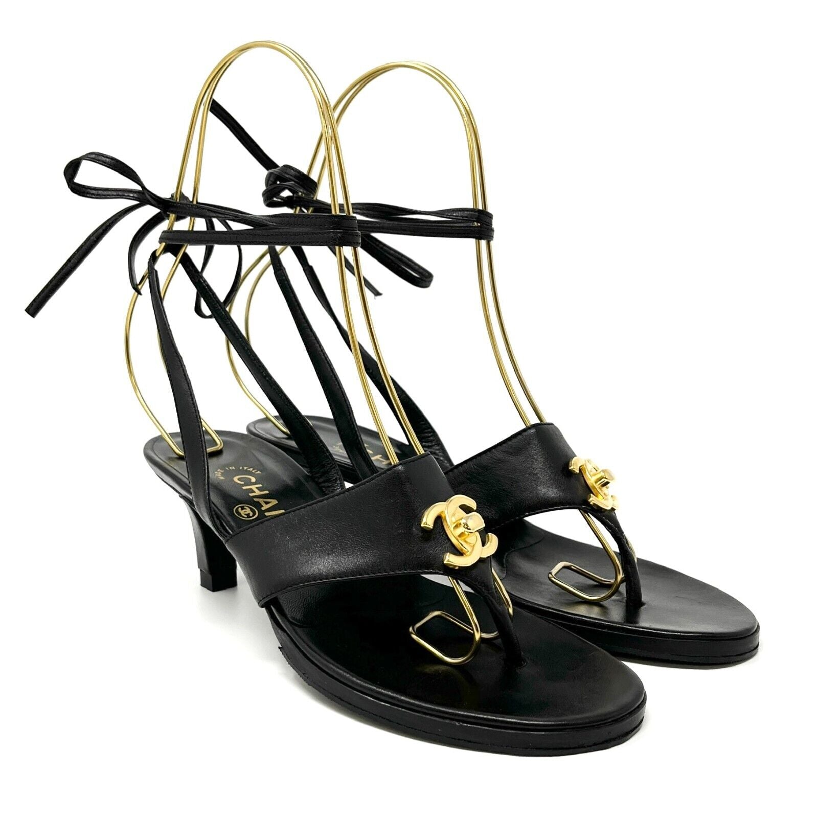 CHANEL Vintage CC Logo Turn Lock Lace Up Sandals #36.5 US6 Black Gold Rank AB