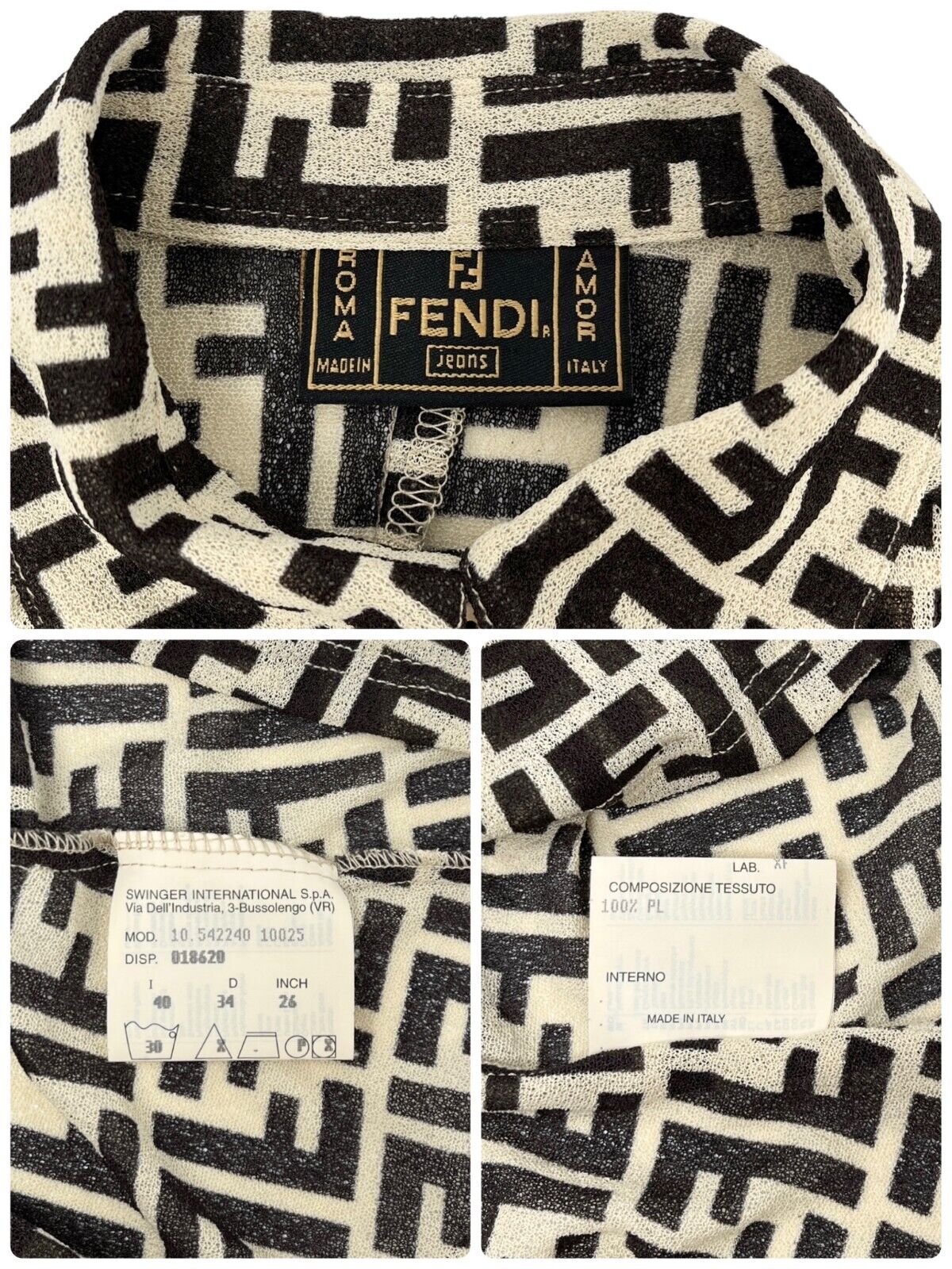 FENDI Vintage Zucca Monogram See-through Shirt #40 Beige Brown Polyester Rank AB