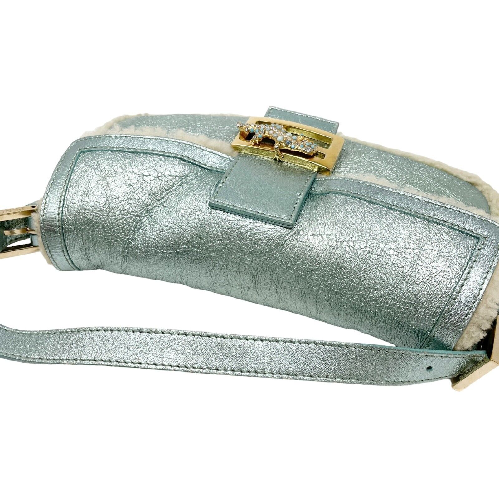 FENDI Vintage Mamma Baguette Bag Metallic Blue Gold Charm Leather Rank AB+