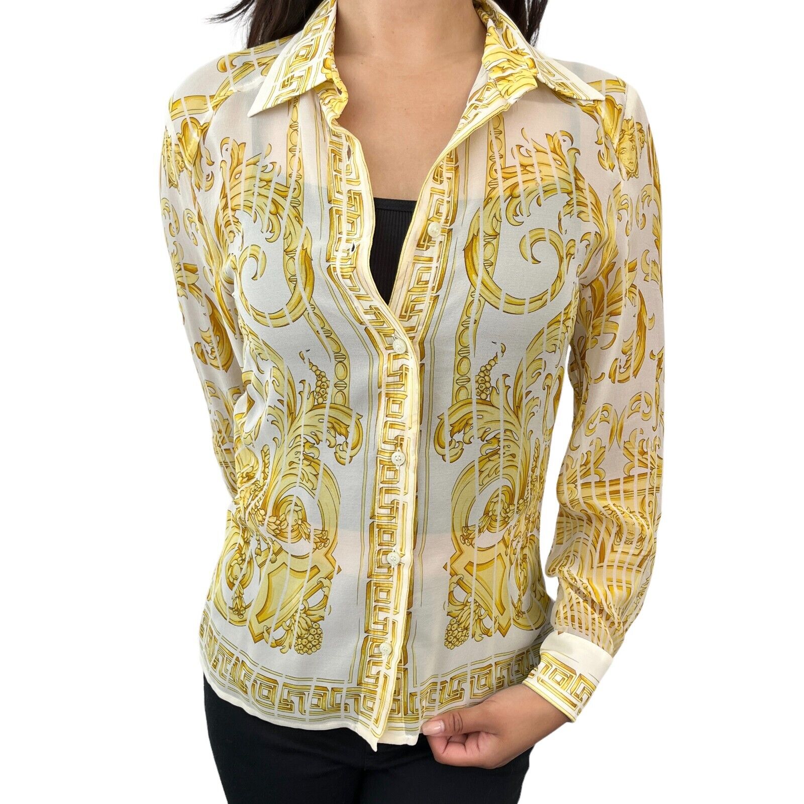GIANNI VERSACE Vintage Baroque See-through Shirt Top #40 Medusa Gold Rank AB+