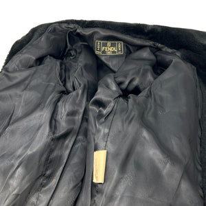 FENDI Vintage Logo Faux Fur Coat #42 Black Modacrylic Jacket Button RankAB