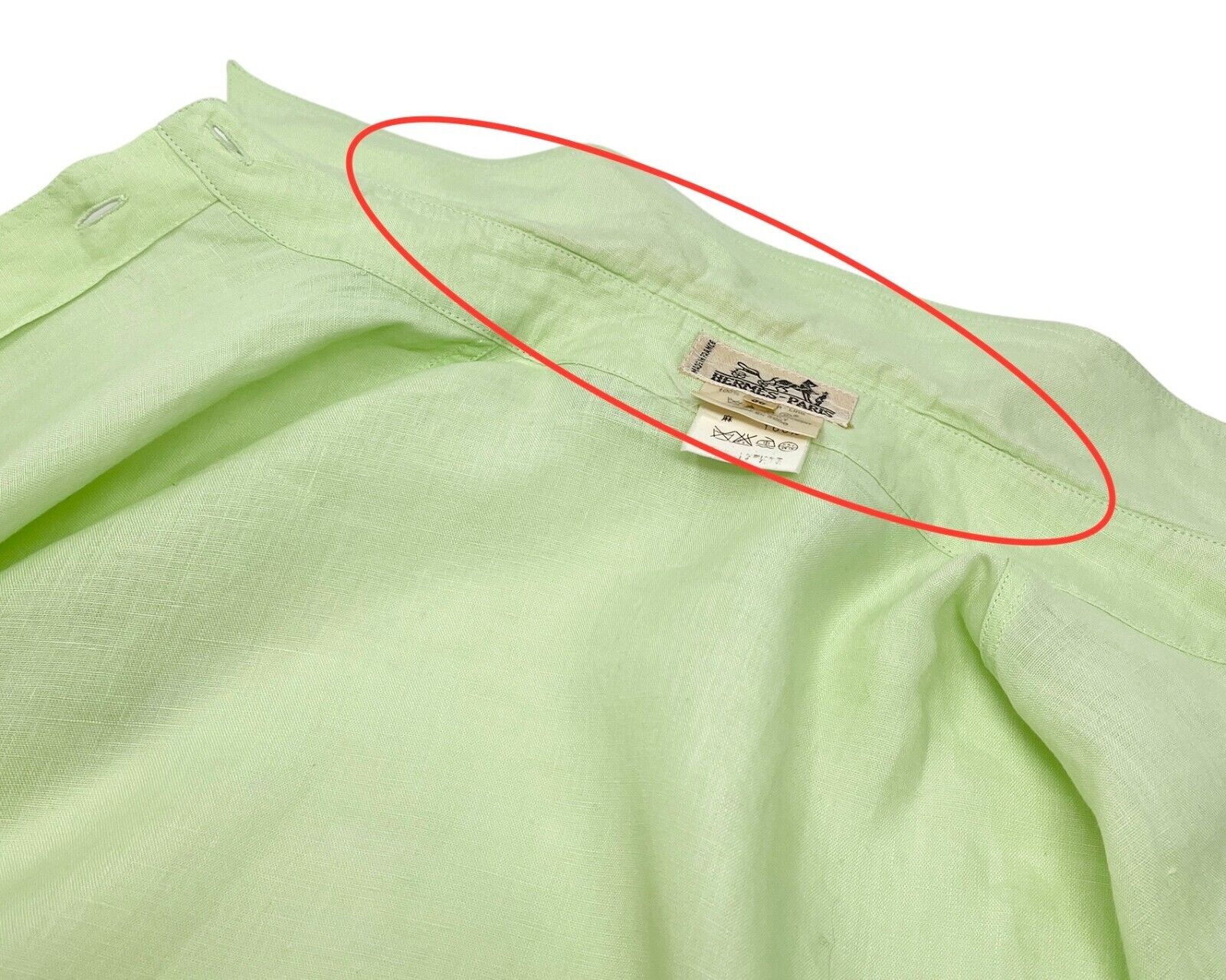 HERMES Vintage Logo Button Up Shirt #36 Pocket Gold Button Green Linen RankAB
