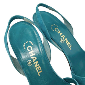 CHANEL Vintage 98P Logo Plate Sandals #37.5 US7.5 Turquoise Blue Suede Rank AB