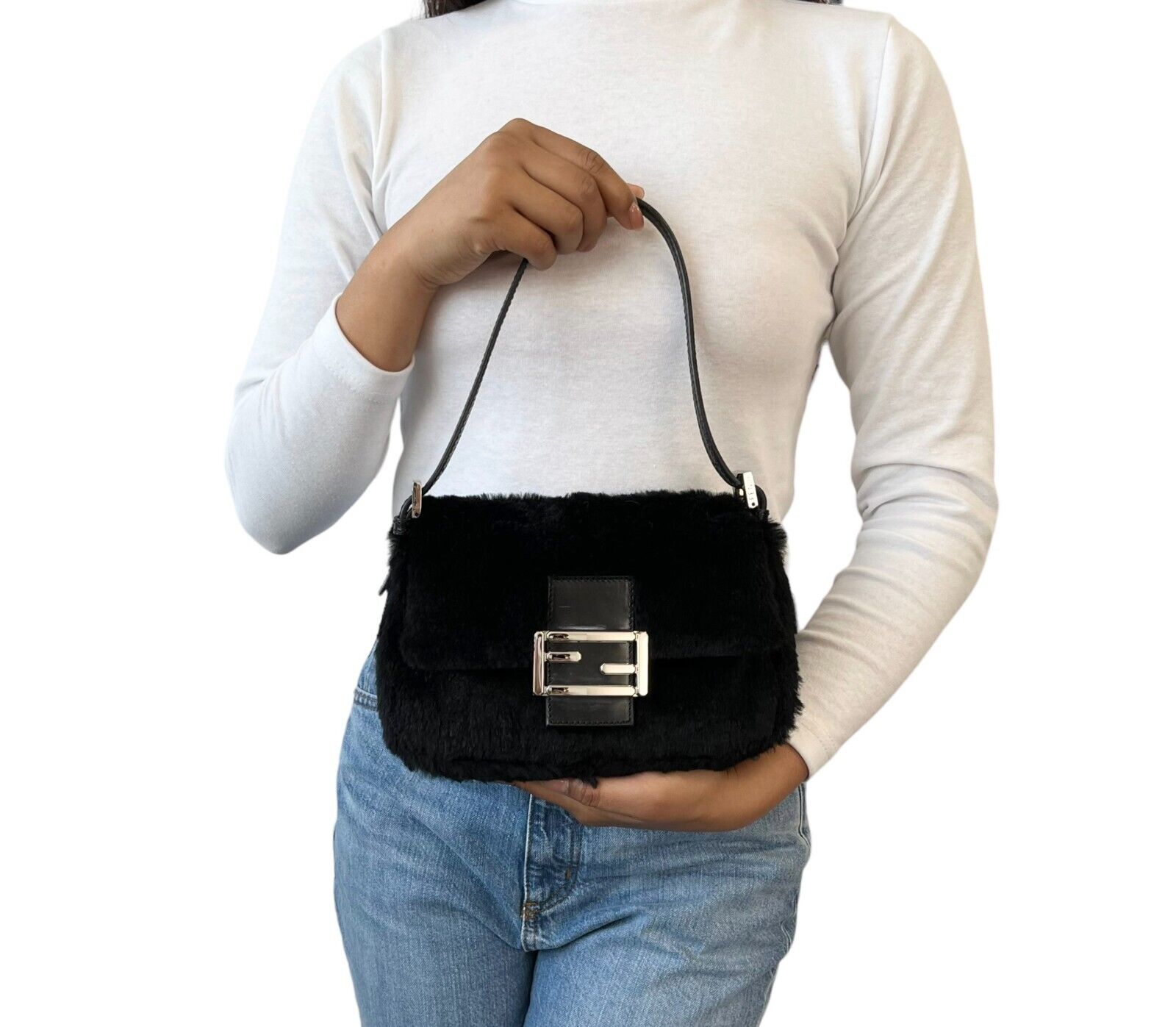 FENDI Vintage FF Logo Faux Fur Mini Mamma Baguette Shoulder Bag Black Rank AB