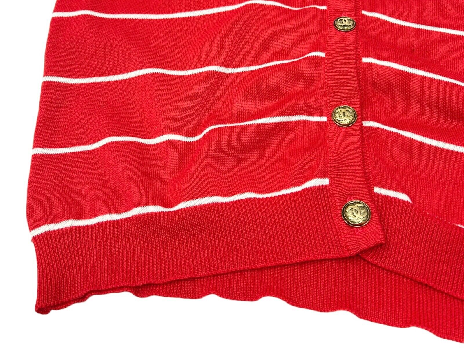 CHANEL Vintage Coco Mark Logo Cardigan #M Sweater Red Cotton Button Rank AB