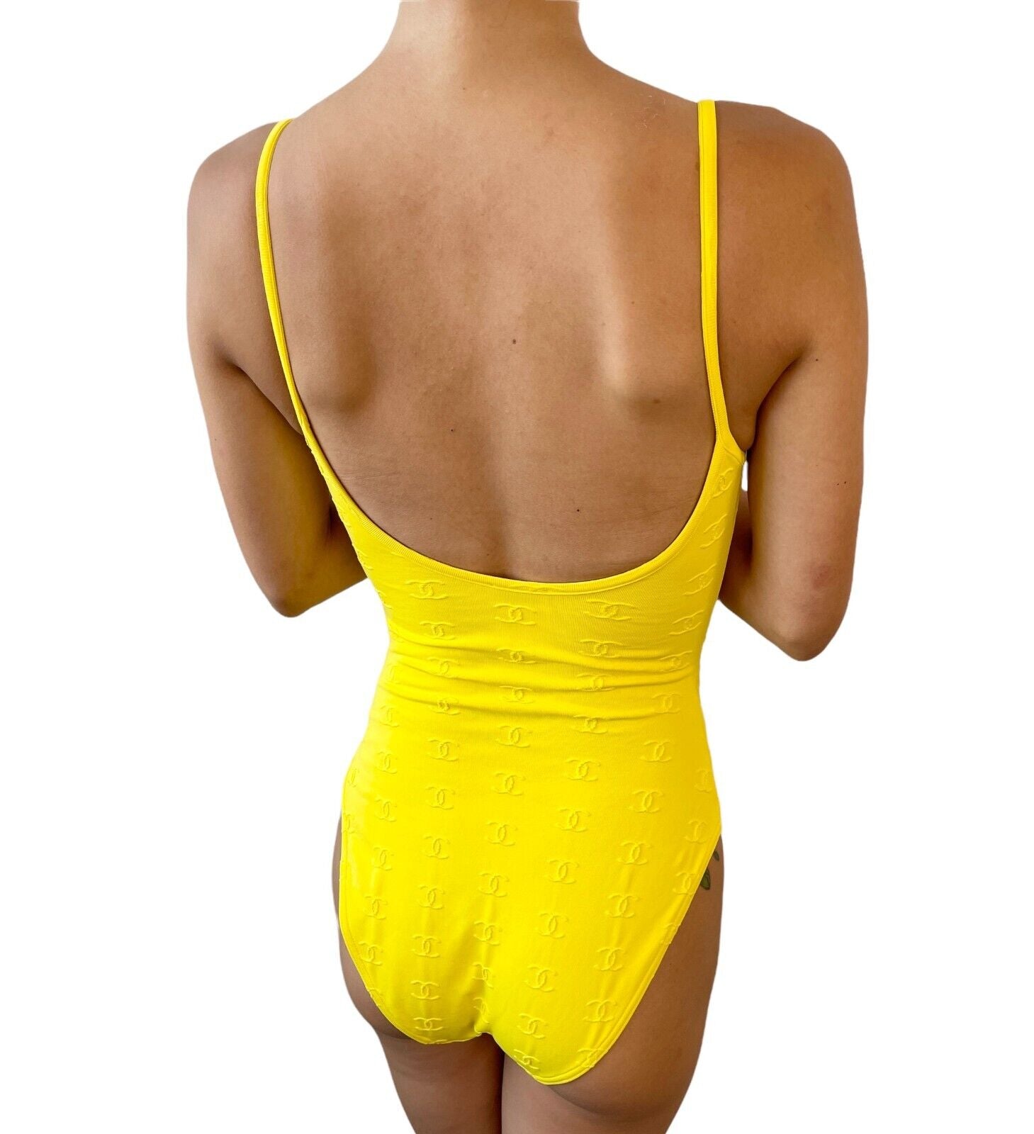 CHANEL Vintage 97P CC Logo Swimwear Swimsuit One-piece #38 Yellow Nylon RankAB