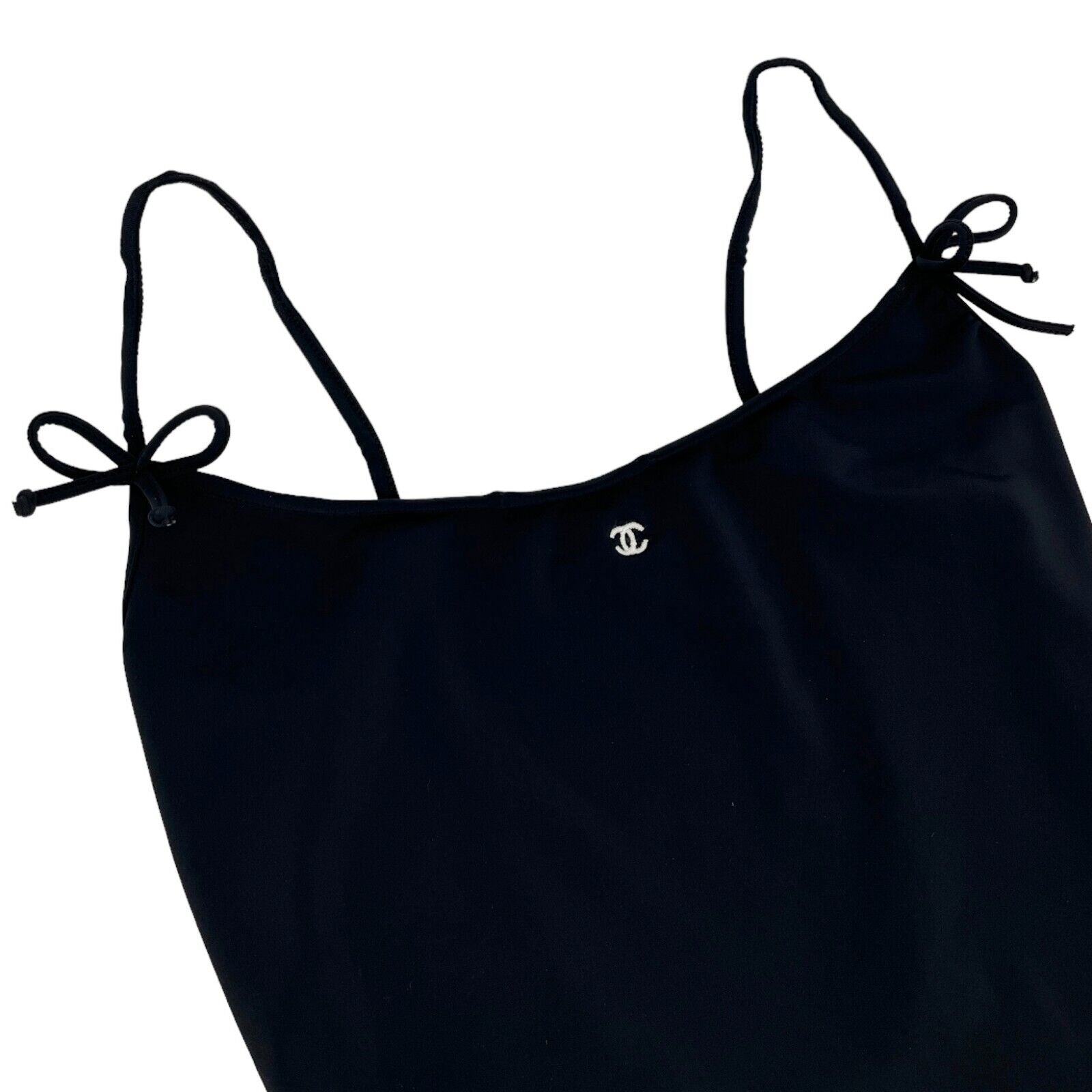 CHANEL Vintage CC Mark Logo Swimsuit #38 One-piece Ribbon Black Nylon Rank AB