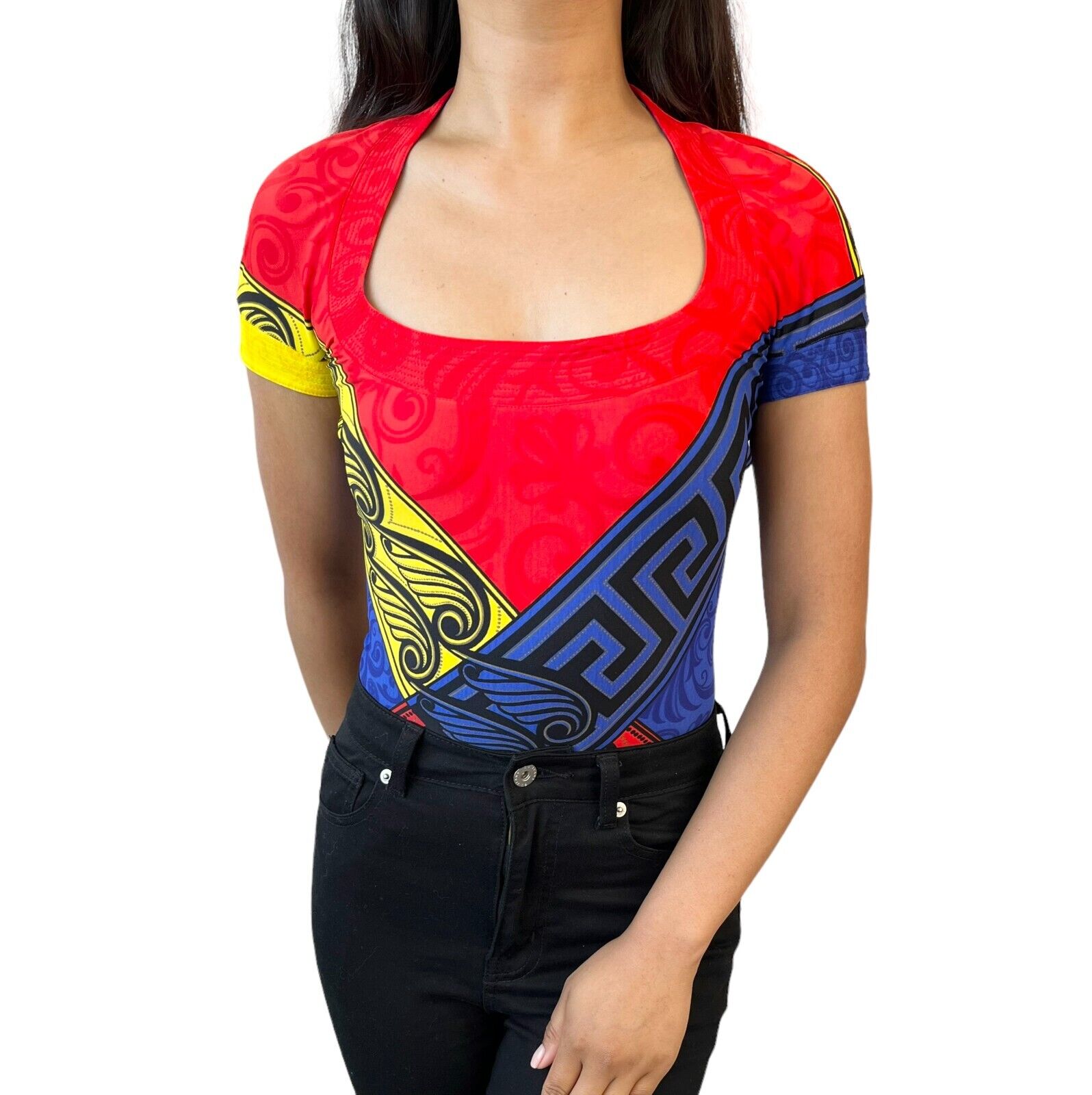 GIANNI VERSACE Vintage Short Sleeve Bodysuits One-Piece Red Yellow Rank AB