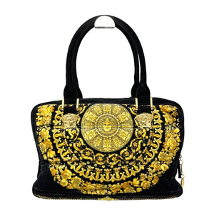 GIANNI VERSACE Vintage Medusa Logo Top Handle Bag Zip Black Gold Velour Rank AB