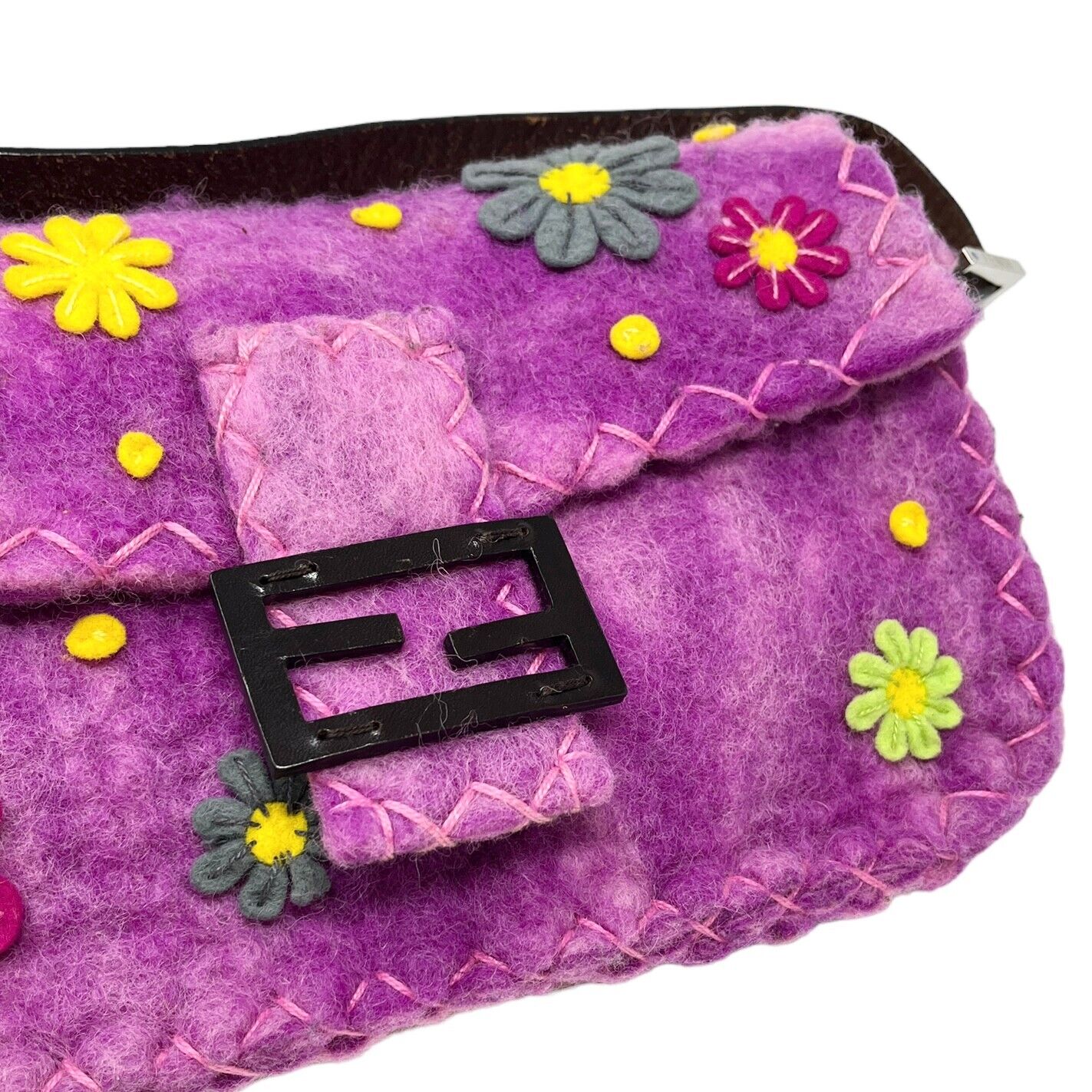 FENDI Vintage FF Logo Floral Applique Felt Mamma Baguette Bag Purple Rank AB