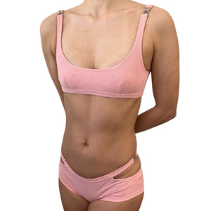 CHANEL Vintage CC Logo Swimsuit Bikini Separate Swimwear Pink Nylon Rank AB