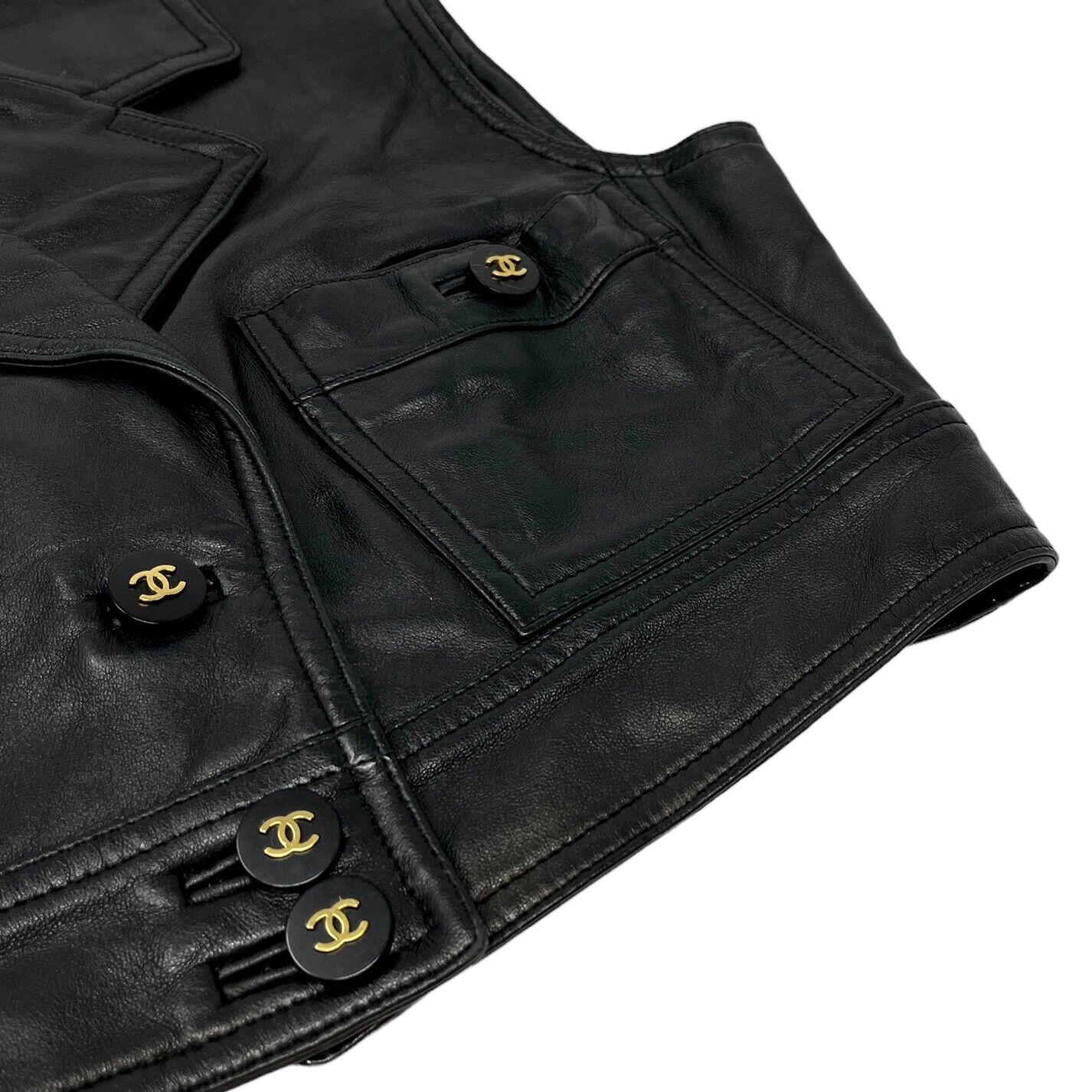 CHANEL Vintage 95P CC Mark Cropped Leather Vest #38 Lip Rouge Black Rank AB+