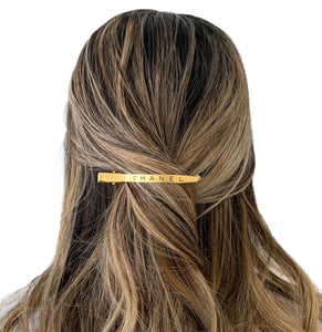 CHANEL Vintage Logo Hair Clip Barrette Accessory Gold Black Metal Rank AB+