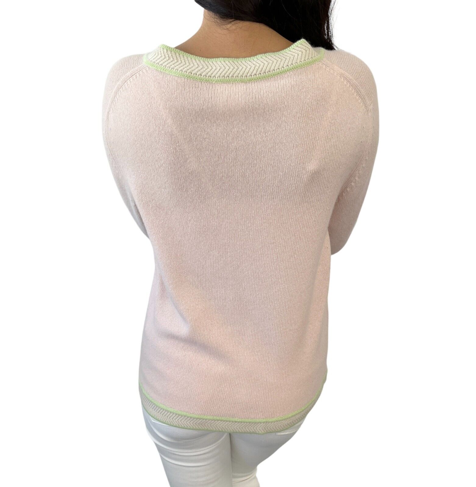 CHANEL Vintage 03P Logo Cardigan #42 Pink Green Sweater Cashmere Button RankAB+