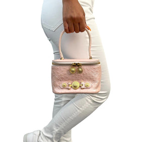 GIANNI VERSACE Vintage Logo Sun Vanity Bag Leather Pink Gold Zip Mirror RankAB