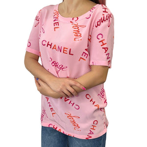 CHANEL Vintage 96P Rouge Logo Silk Top T-shirt Pullover Button Pink Orange AB