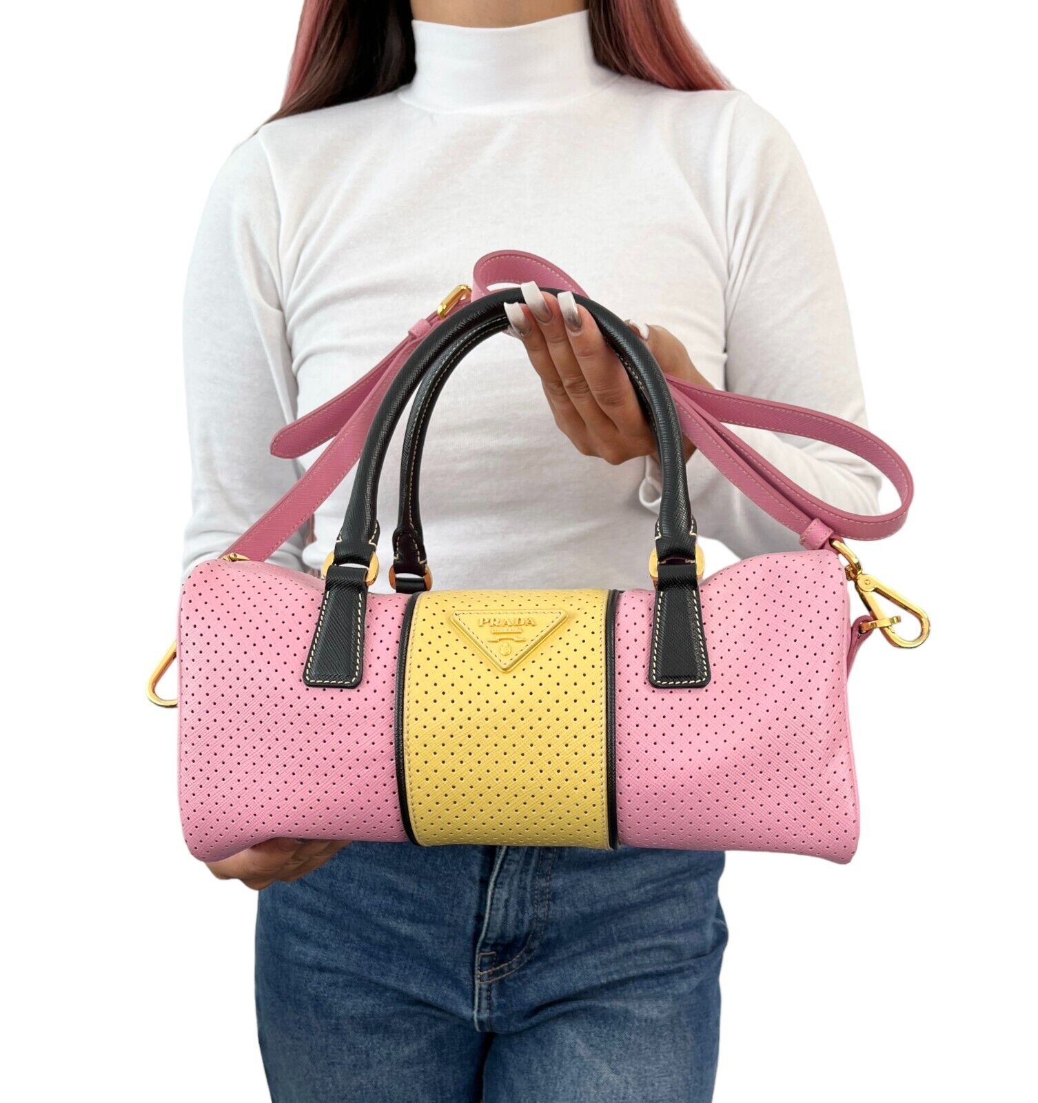 PRADA Vintage Logo Saffiano Punching Boston Bag Handbag 2Way Pink Yellow RankAB