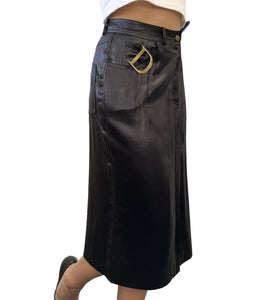 Christian Dior Vintage D Buckle Satin Skirt #40 Zip Black Gold Rank AB+