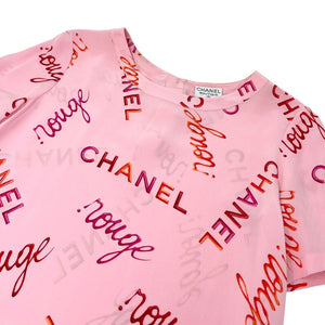 CHANEL Vintage 96P Rouge Logo Silk Top T-shirt Pullover Button Pink Orange AB