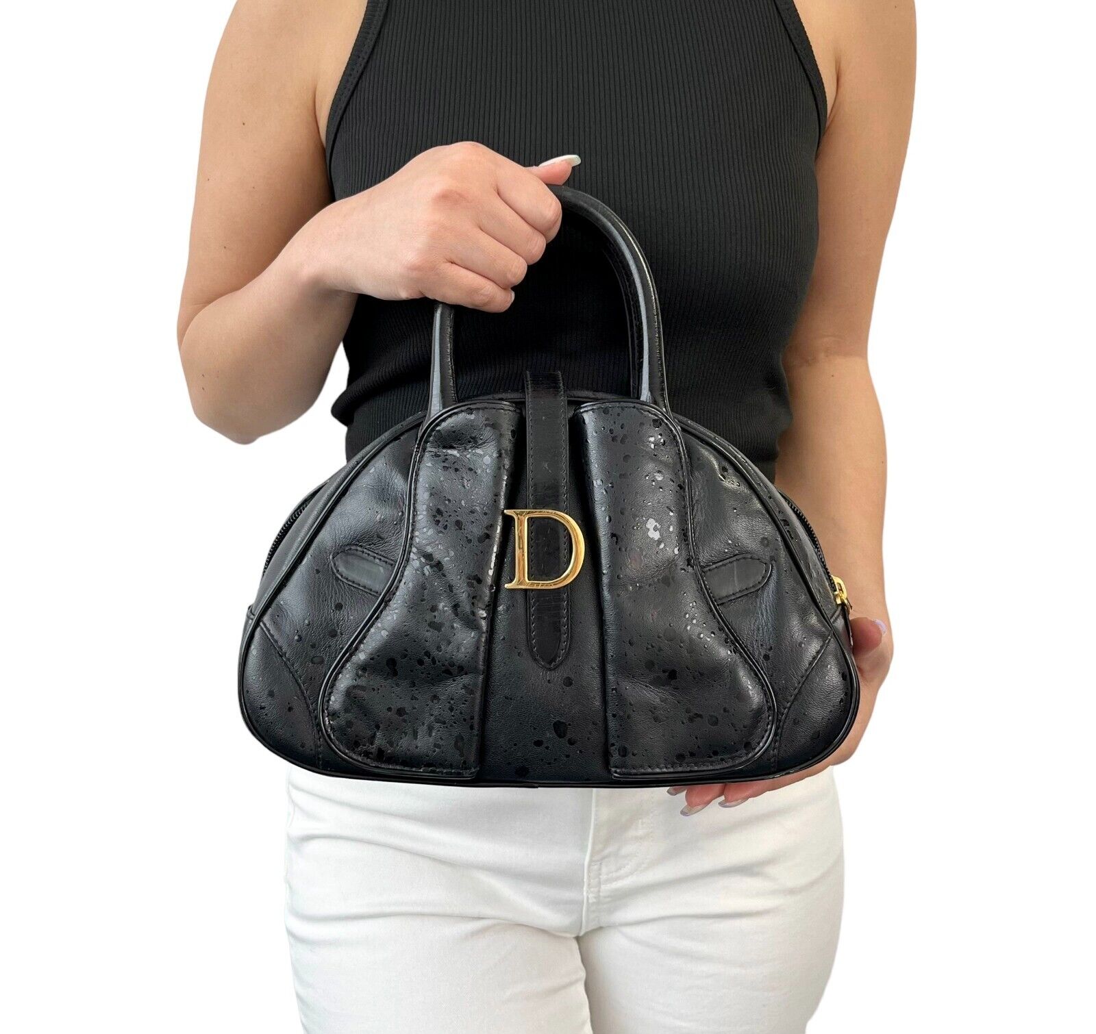 Christian Dior Vintage Logo Mini Double Saddle Bag Zip Black Leather Rank AB