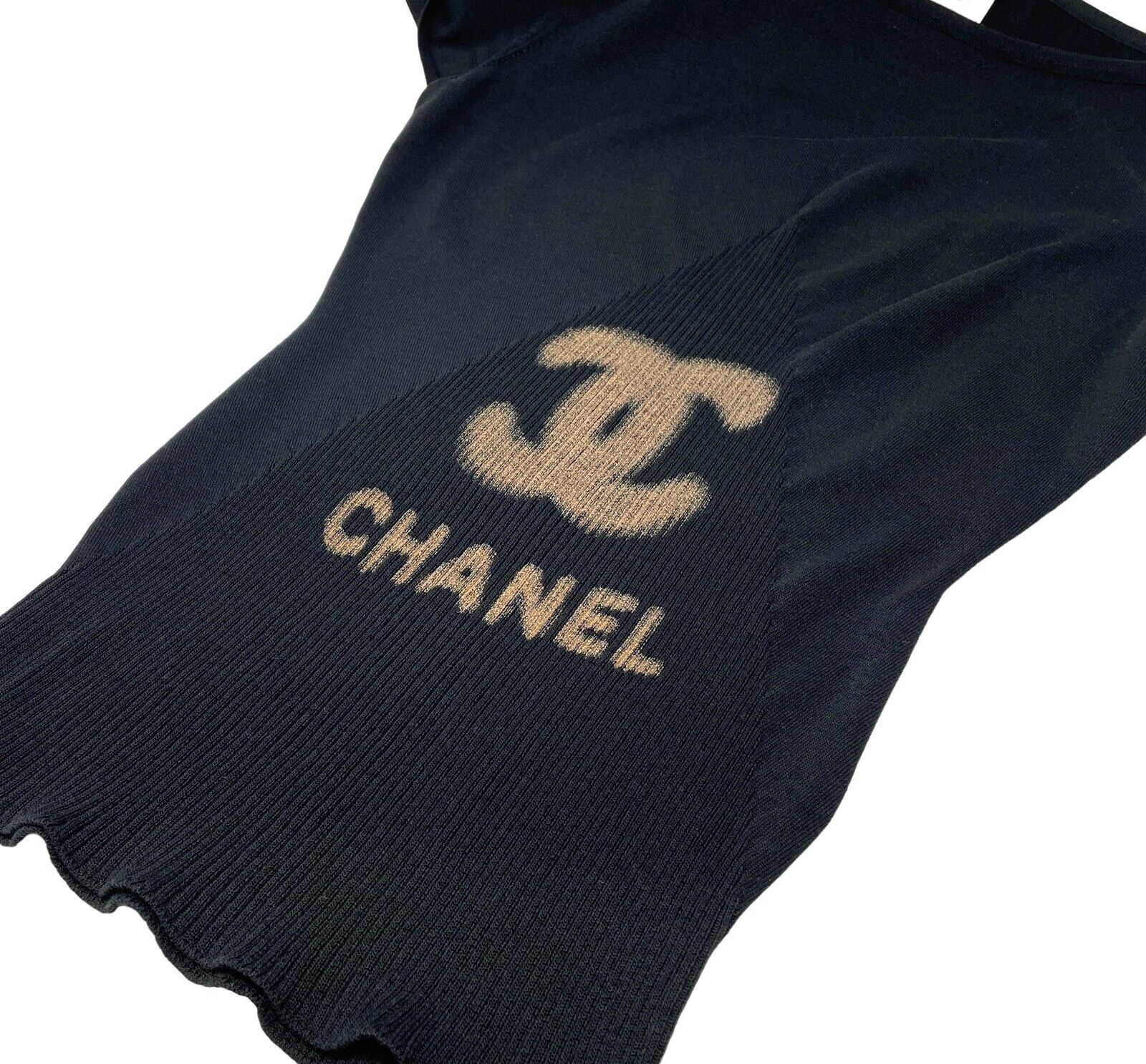 CHANEL Vintage P40676 Coco Mark Top #34 Summer Knit Black Cotton Rank AB+