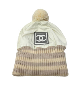 CHANEL Sport Vintage Coco Mark Beanie #L Winter Hat Stripe Knit Logo Rank AB